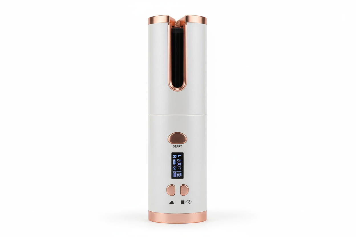 White cordless curling iron with rose gold accents
