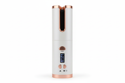 White cordless curling iron with rose gold accents